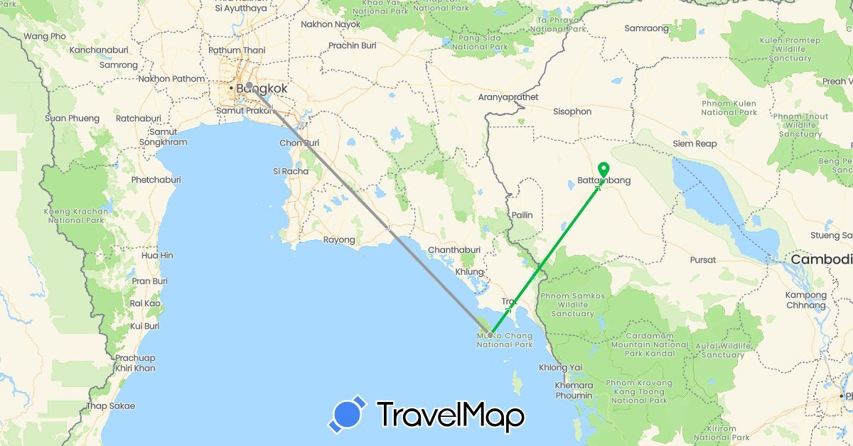 TravelMap itinerary: driving, bus, plane in Cambodia, Thailand (Asia)
